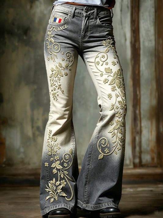 Pantalon décontracté évasé pour femme, style vintage, dégradé de couleurs, motif traditionnel français en volutes, imprimé