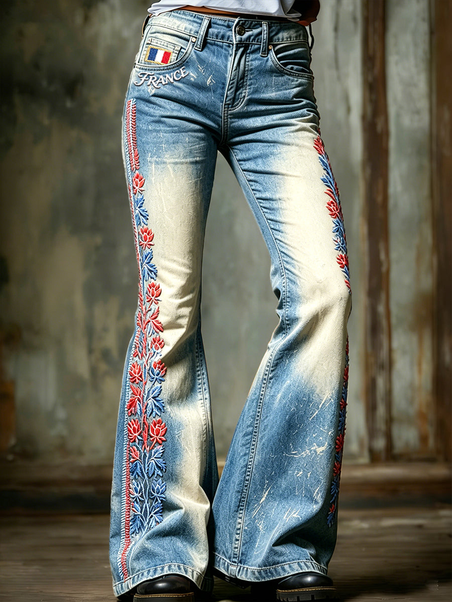 Pantalon large décontracté pour femme, style vintage, imprimé floral français en dégradé
