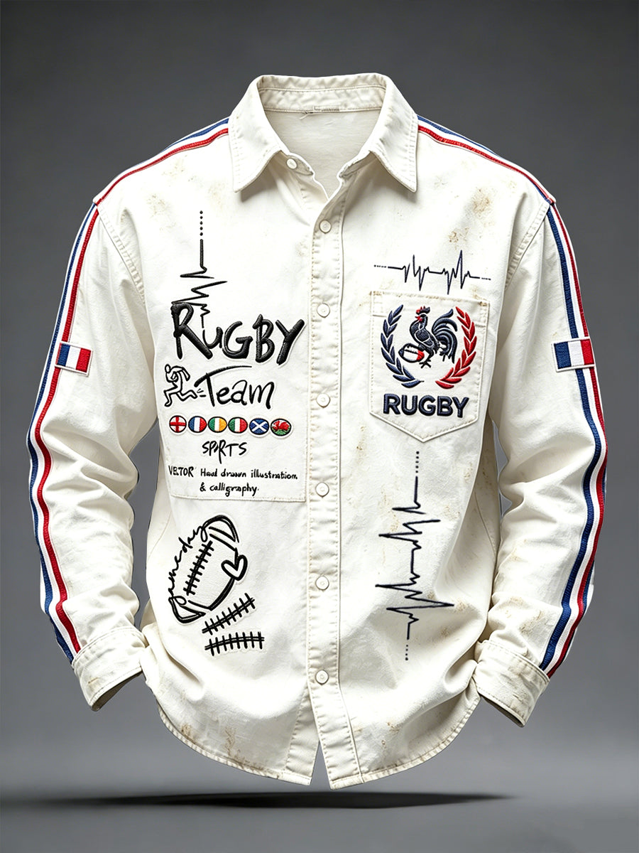 Chemise décontractée vintage à imprimé patchwork de rugby français pour hommes