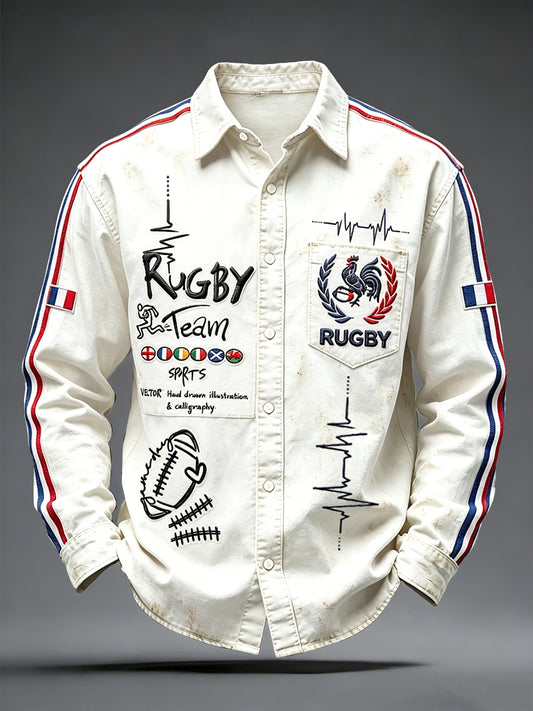 Chemise décontractée vintage à imprimé patchwork de rugby français pour hommes