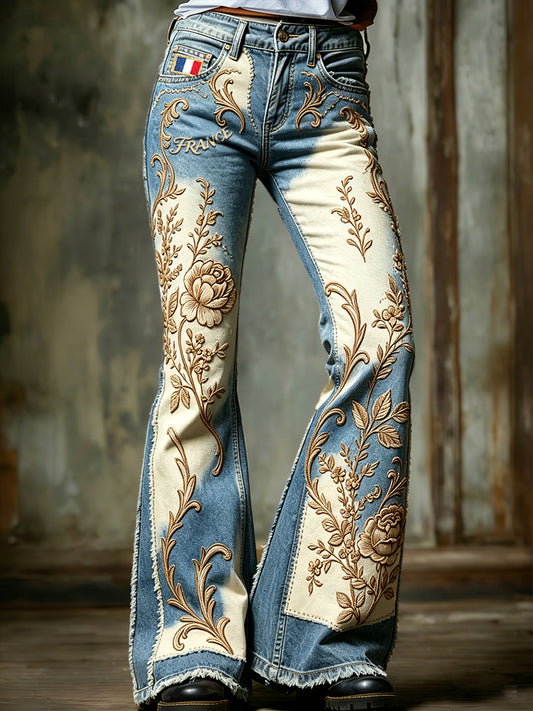 Pantalon décontracté évasé pour femme, style vintage français, imprimé patchwork floral