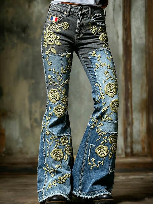 Pantalon évasé pour femme, style rétro français, en jean patchwork à imprimé floral, tendance mode