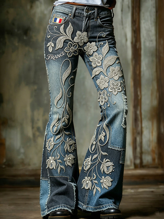 Pantalon évasé à la mode pour femme, style rétro français, imprimé floral dégradé