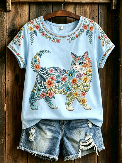 T-shirt décontracté pour femmes avec imprimé fleurs et chats