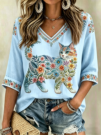 Chemise décontractée à col en V pour femmes, imprimé fleurs et chats