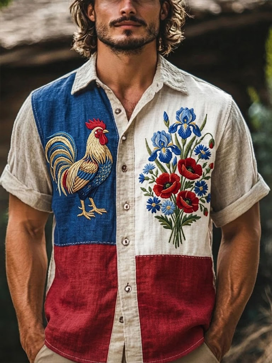 Chemise à manches courtes pour hommes, France Coq Gaulois, fleurs