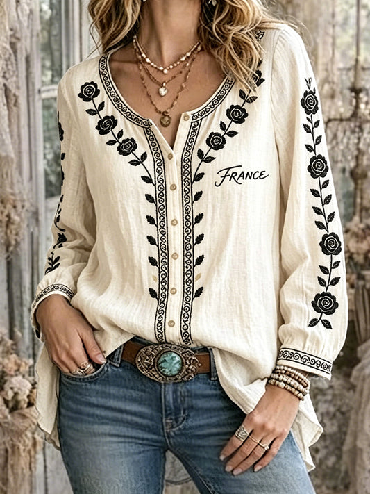 Chemise Femme En Lin-Coton Décontractée Blanc Cassé à Imprimé Floral Français Style Vintage