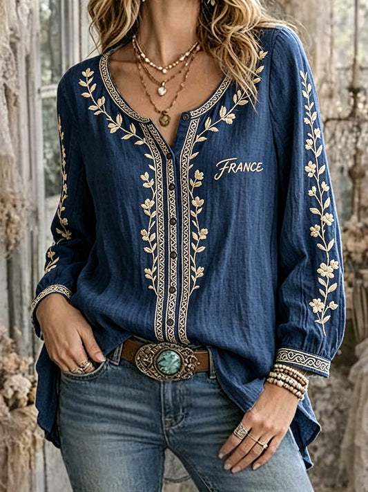 Chemise en coton-lin décontractée bleu marine à imprimé floral français pour femme
