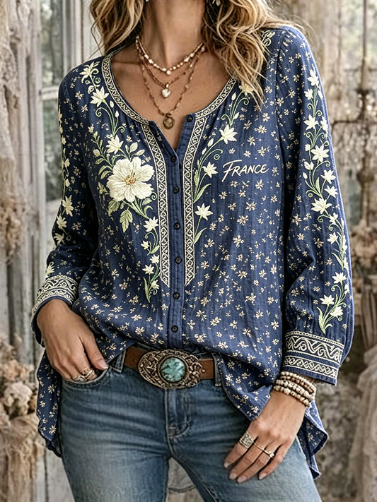 Chemise Femme Décontractée En Coton-Lin Imprimé Floral Français