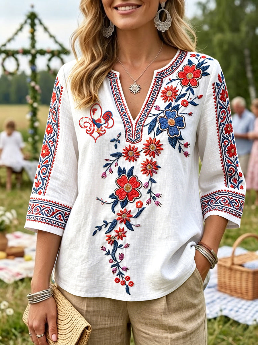 T-shirt décontracté pour femme en coton-lin, col en V, imprimé floral 3D