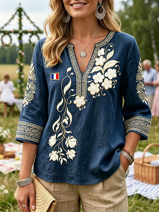 T-shirt décontracté pour femme, bleu marine, imprimé floral français en 3D, en coton-lin, col en V