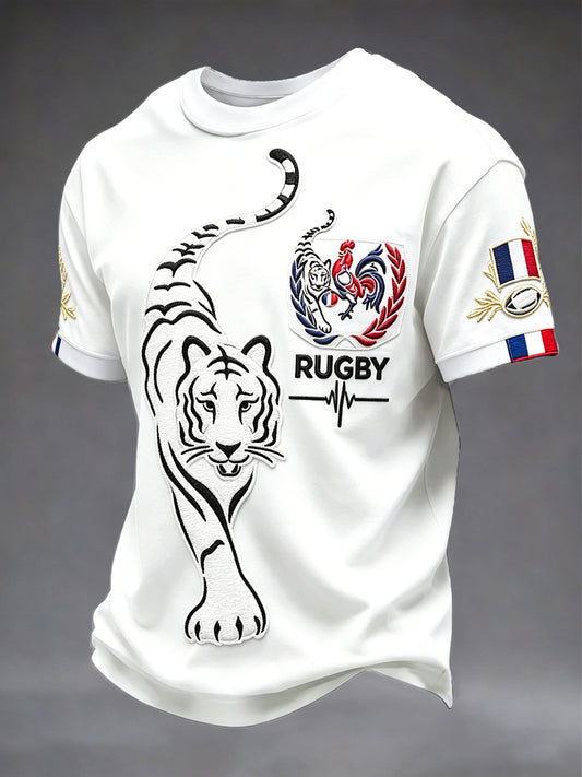 T-shirt décontracté pour homme, blanc, avec imprimé coq français et tigre