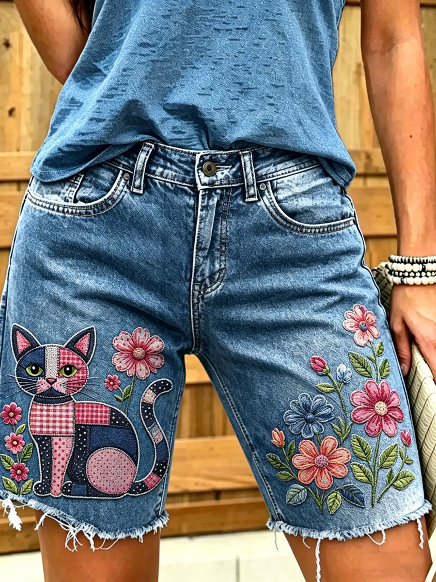Jeans courts imprimés d'art animalier pour femmes