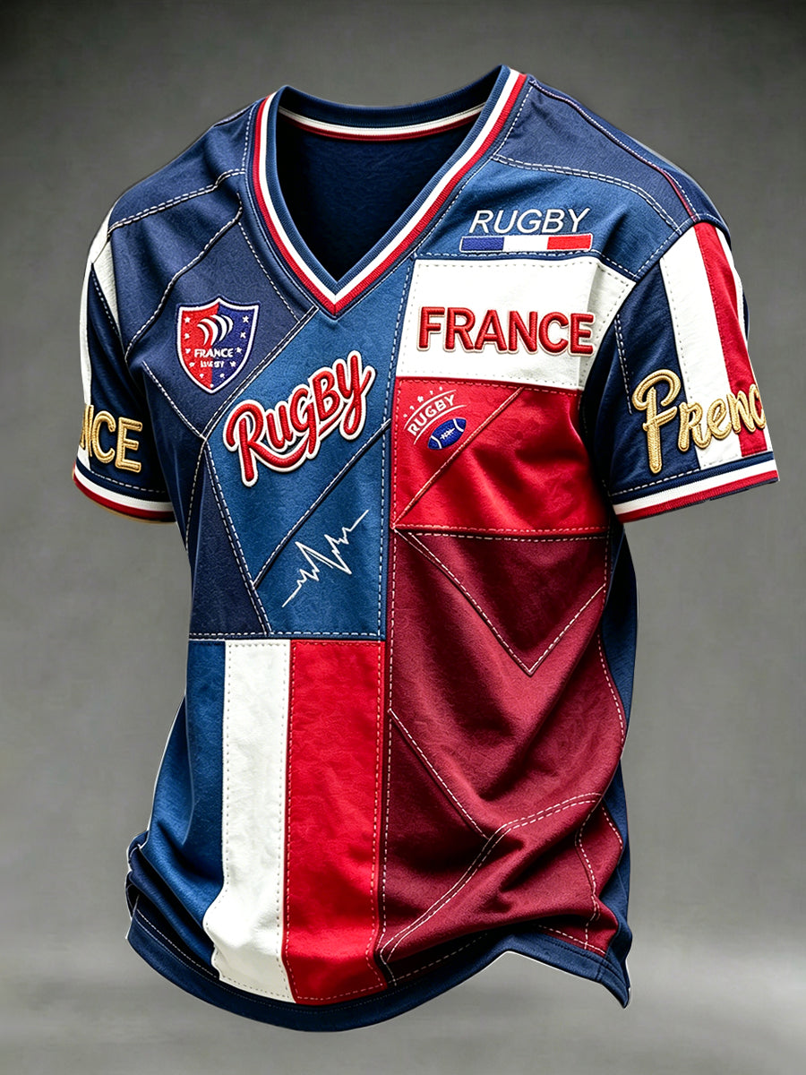T-shirt décontracté à col V pour homme, patchwork, imprimé 3D, rugby français