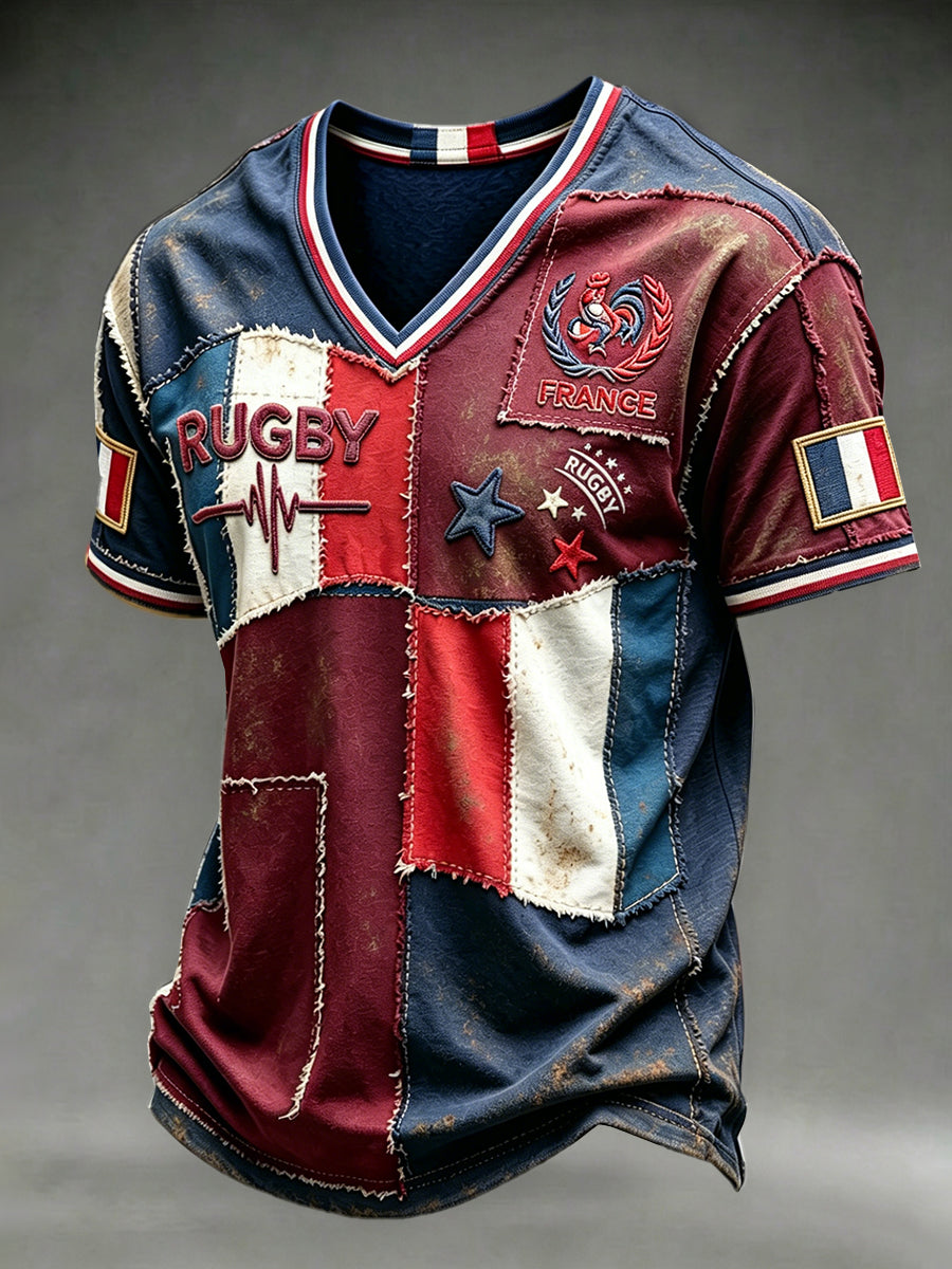 T-shirt décontracté pour homme, style vintage, motif patchwork drapeau français, col en V