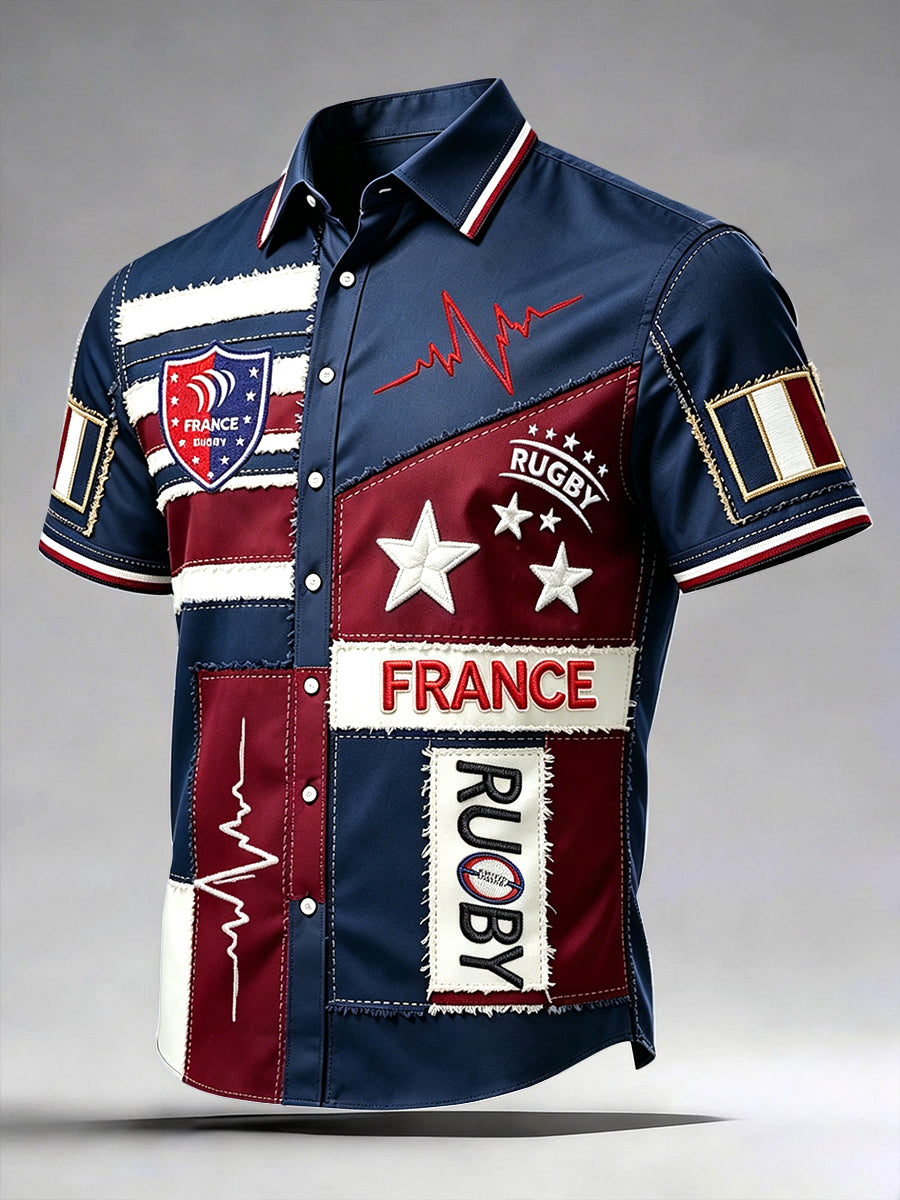 Chemise décontractée à manches courtes pour homme, en patchwork, avec imprimé 3D, style rugby français