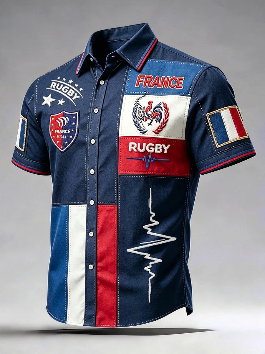 Chemise décontractée à manches courtes pour homme, imprimé patchwork coq français