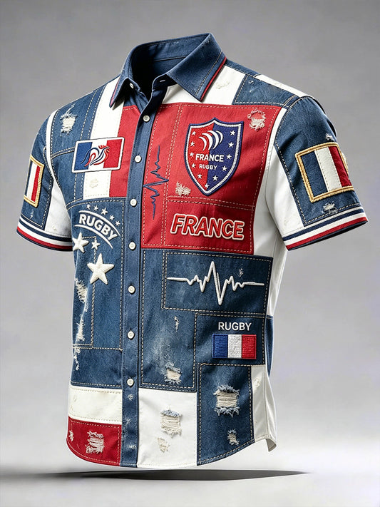 Chemise décontractée à manches courtes pour homme, style vintage français, patchwork imprimé rugby