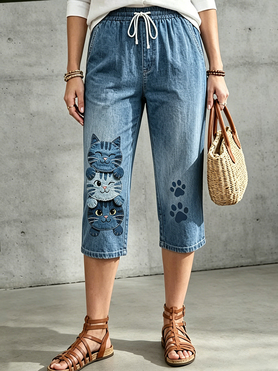 Pantalon mi-long à cordon de serrage pour femme, imprimé floral et motifs animaliers