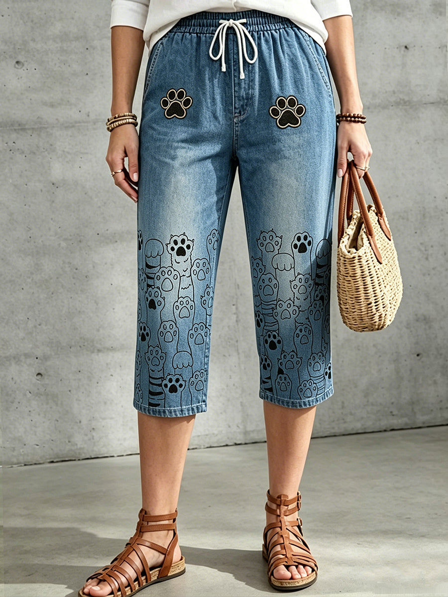 Pantalon mi-long à cordon de serrage pour femme, imprimé floral et motifs animaliers