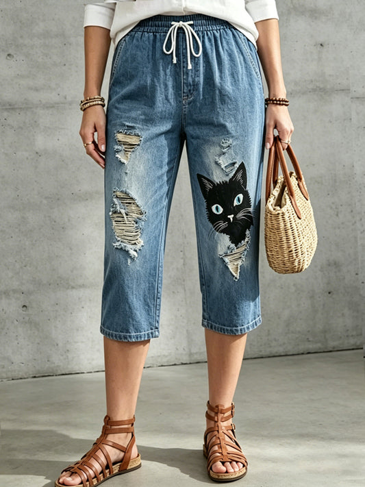 Pantalon mi-long à cordon de serrage pour femme, imprimé floral et motifs animaliers