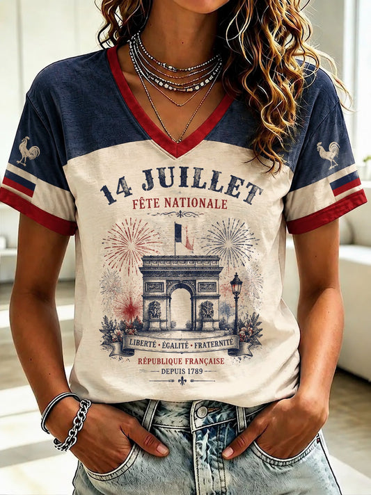 T-shirt femme France du 14 juillet à col en V imprimé