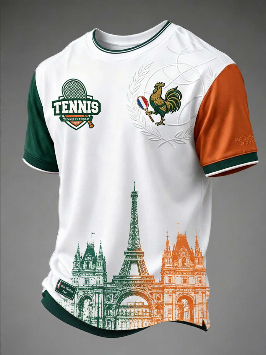 T-shirt décontracté rétro français à l’art du patchwork tennis