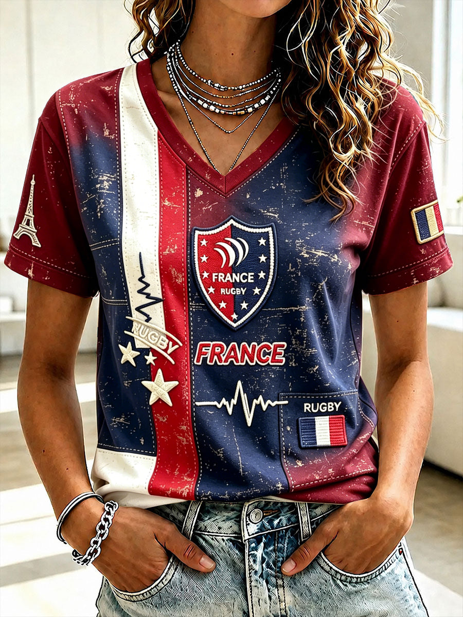 T-shirt décontracté vintage à col en V pour femme, motif patchwork, style rugby français