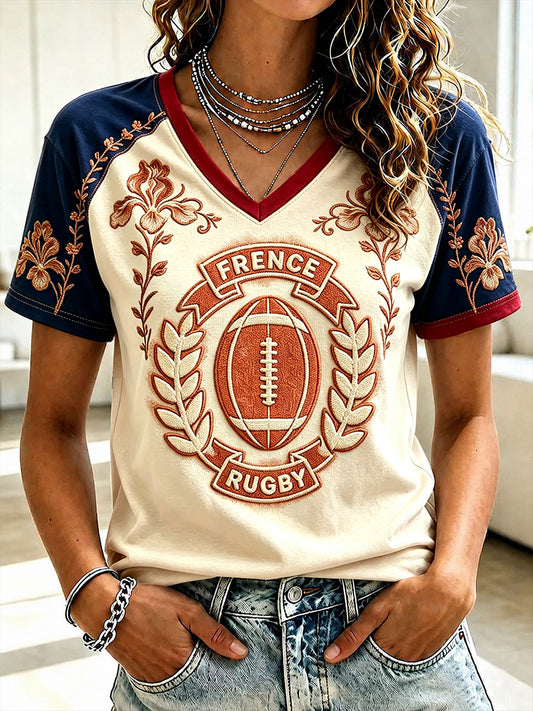 T-shirt rétro décontracté à col en V pour femmes, motif floral, rugby français