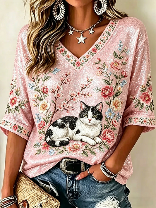 T-shirt à col en V Flowers and Cats Femme