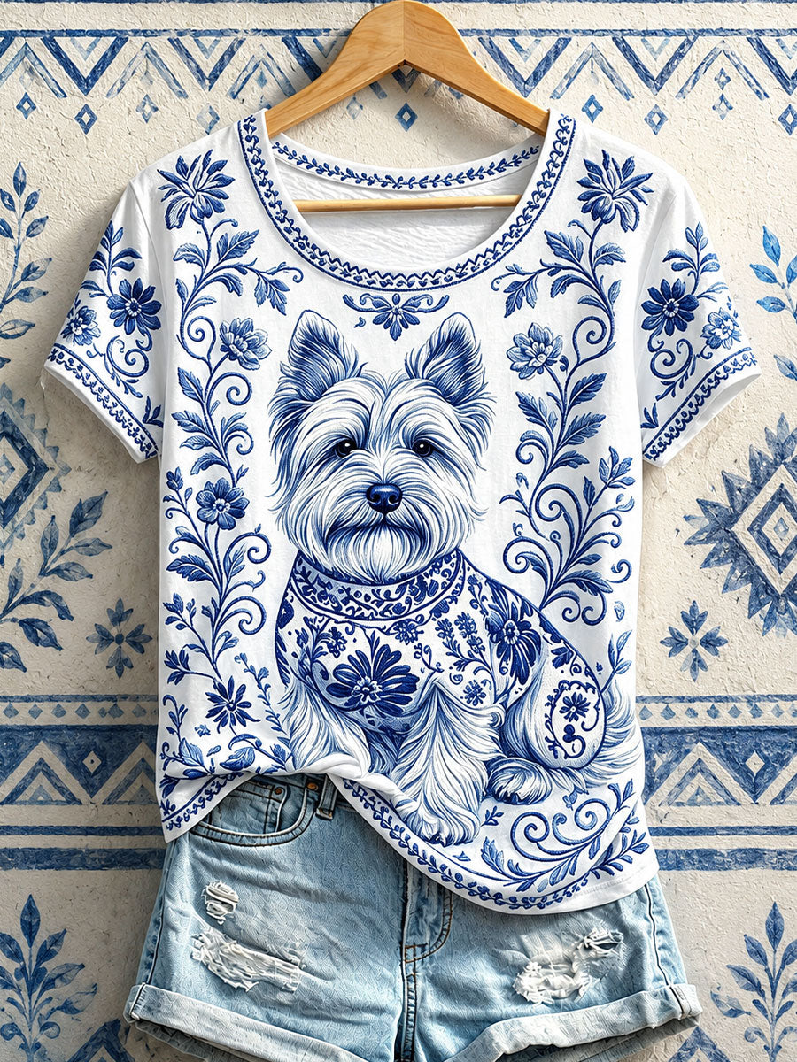 T-shirts pour femmes à imprimé floral et motifs canins