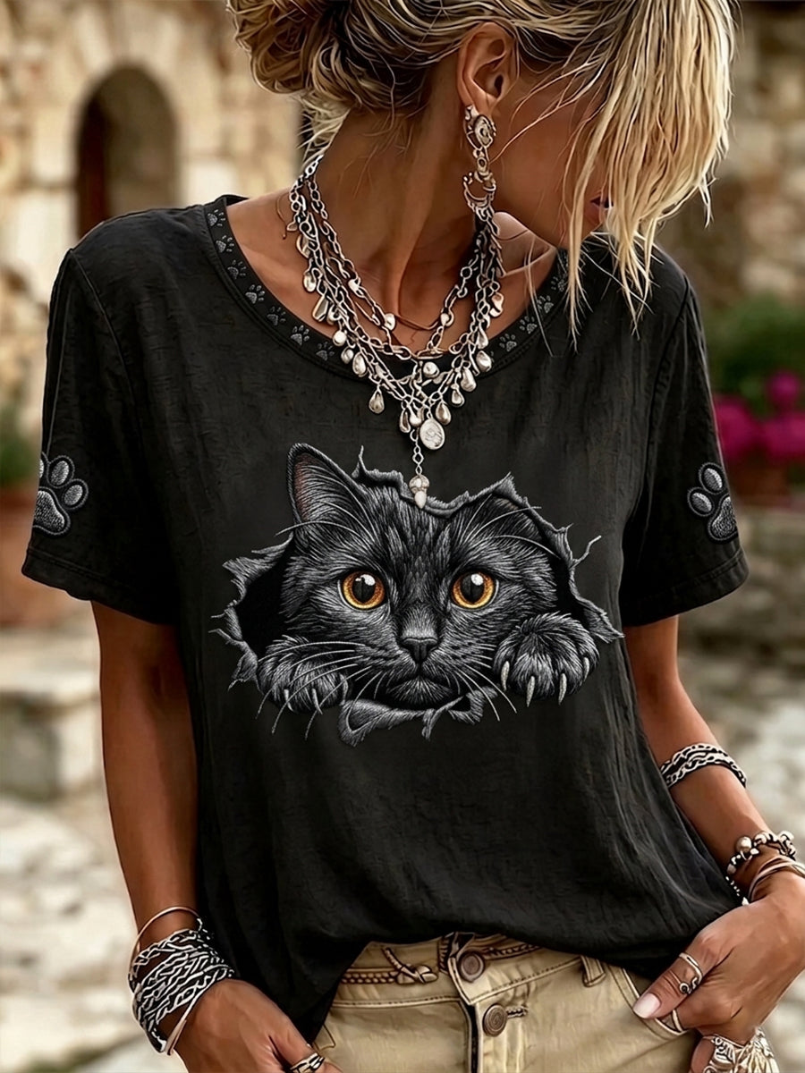 Femmes Vintage Noir Chat Visage Art Lin Col Rond Manches Courtes Top