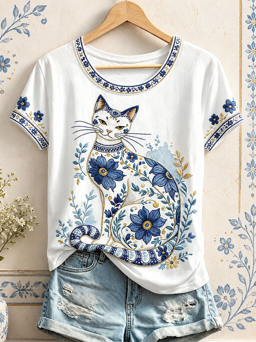 T-shirts fleuris à imprimé chat pour femmes