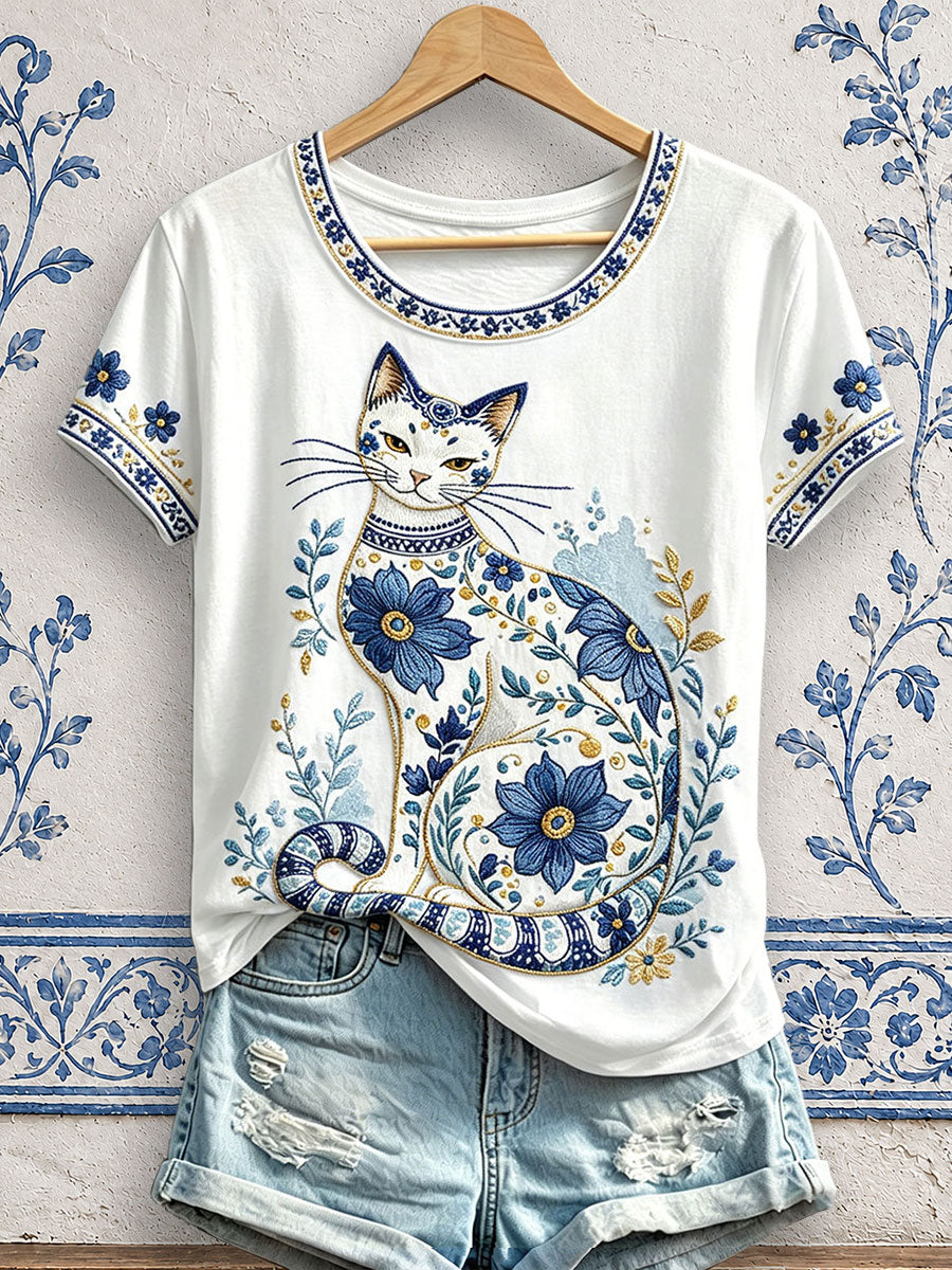 T-shirts fleuris à imprimé chat pour femmes
