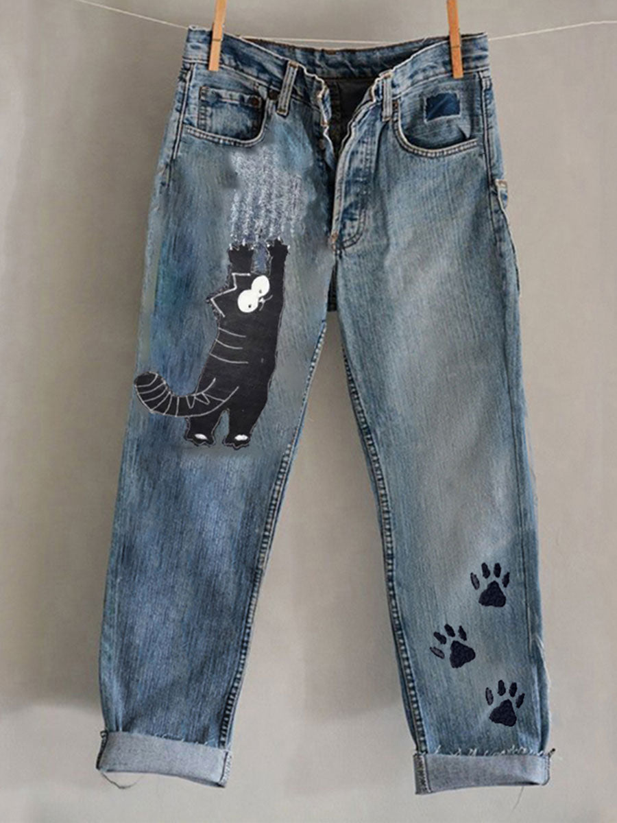 Pantalon décontracté avec impression d’art félin pour femme