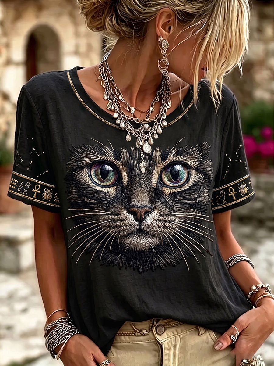 Haut vintage pour femme en lin, à col rond et manches courtes, orné d’un motif artistique représentant un visage de chat noir