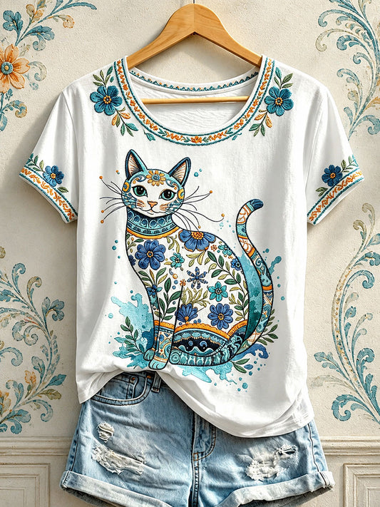 T-shirts fleuris à imprimé chat pour femmes
