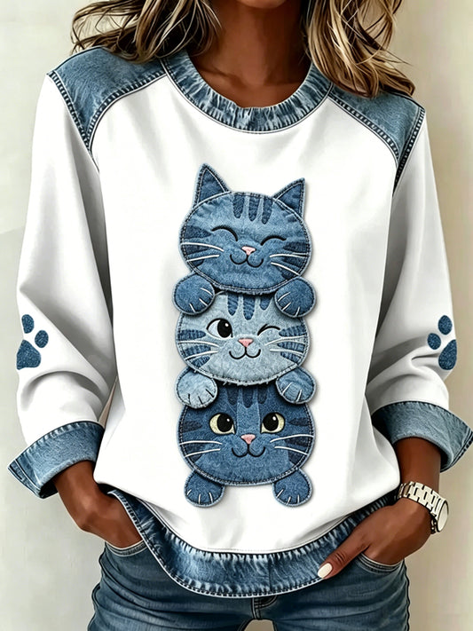 Sweat-shirt Femme Animal Chat Imprimé à Manches Longues