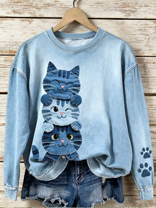 Femmes Denim Animal Cat Imprimer col rond manches longues Sweatshirt