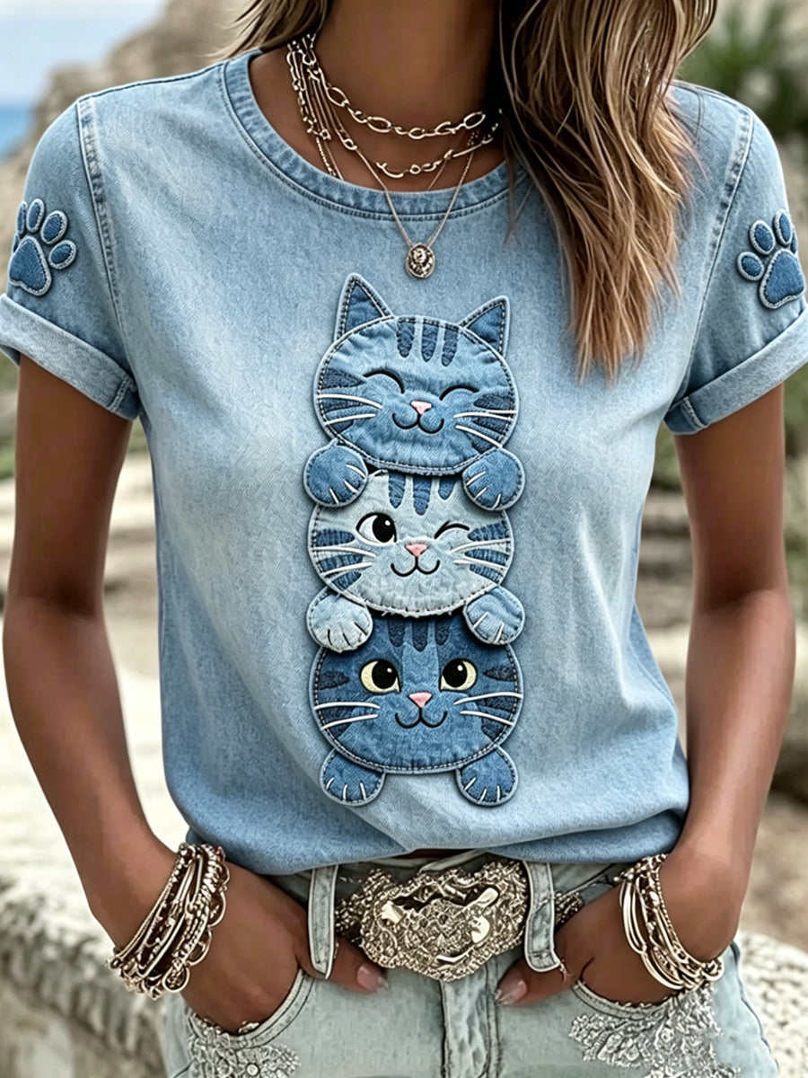T-shirt femme à manches courtes, ample, à imprimé animal chat, style vintage et tendance
