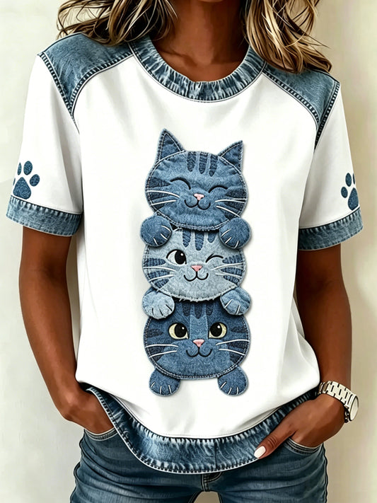 Animal Cat Imprimé Vintage Fashion Loose T-shirt à manches courtes pour femmes