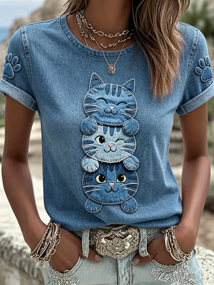 T-shirt femme à manches courtes, ample, à imprimé animal chat, style vintage et tendance