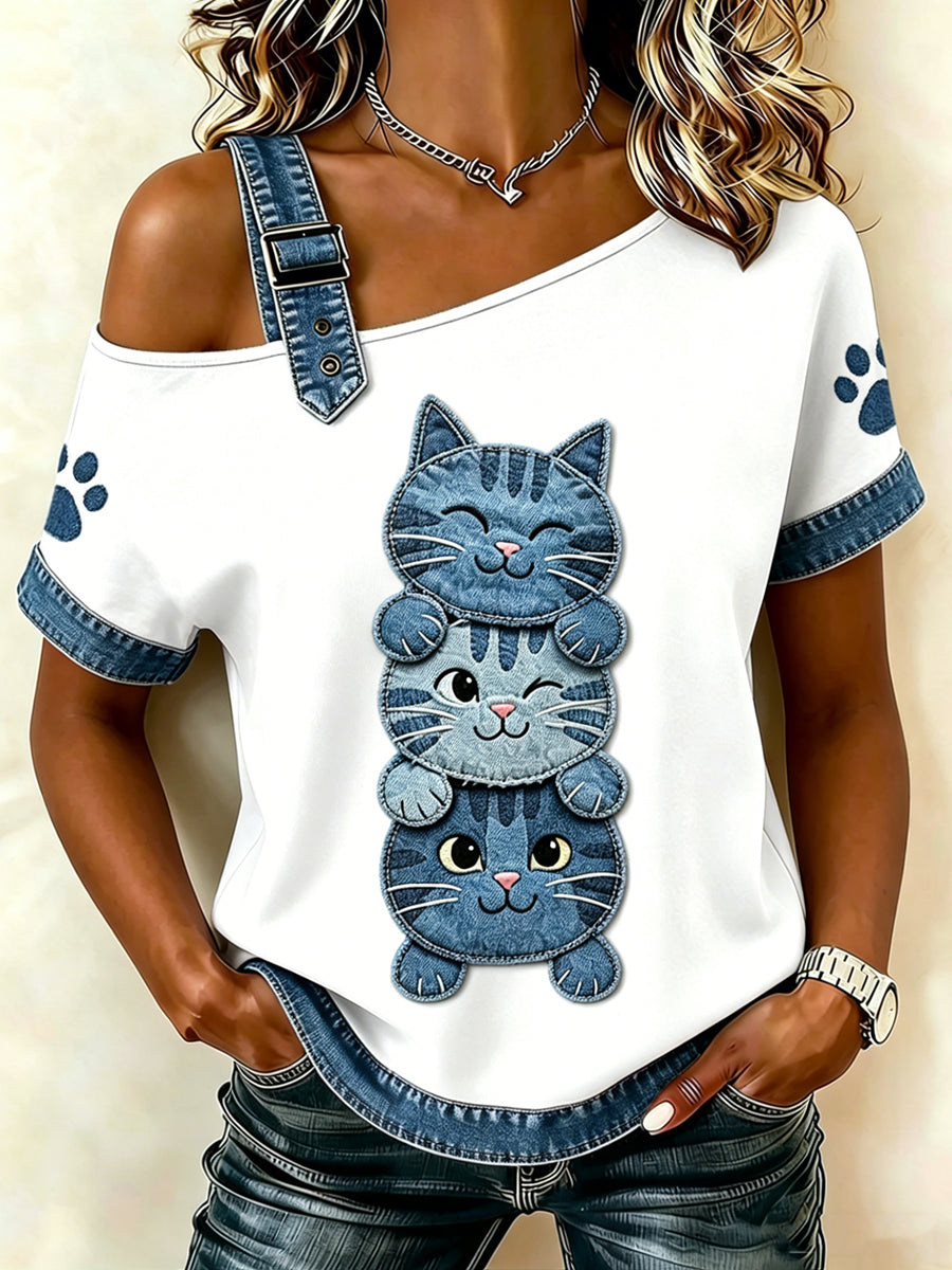 T-shirt femme à manches courtes, ample, à imprimé animal chat, style vintage et tendance