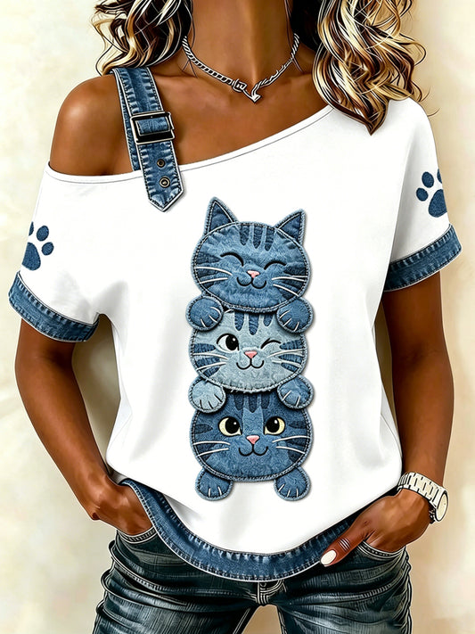T-shirt femme à manches courtes, ample, à imprimé animal chat, style vintage et tendance