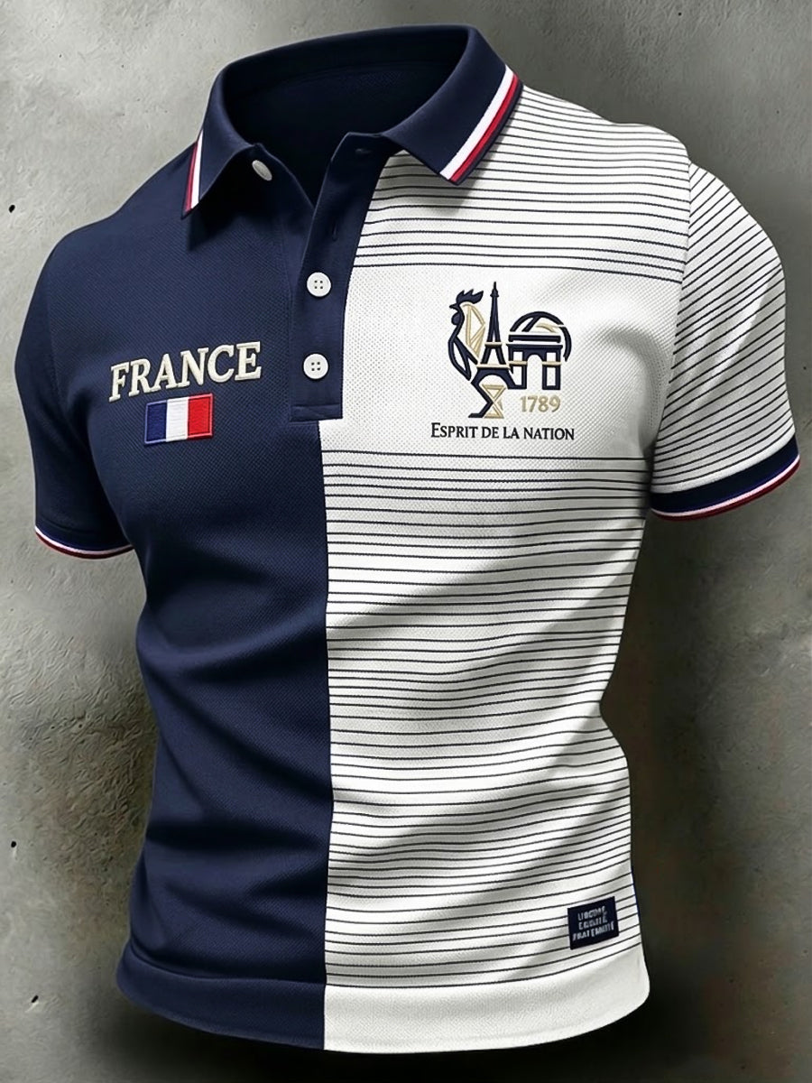 Polo décontracté rétro à rayures et empiècements pour homme, inspiré de la fête nationale française