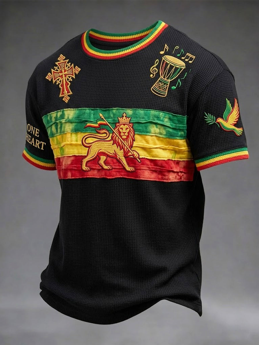 Patchwork Casual Waffle-Weave T-shirt pour Retro Reggae Fans