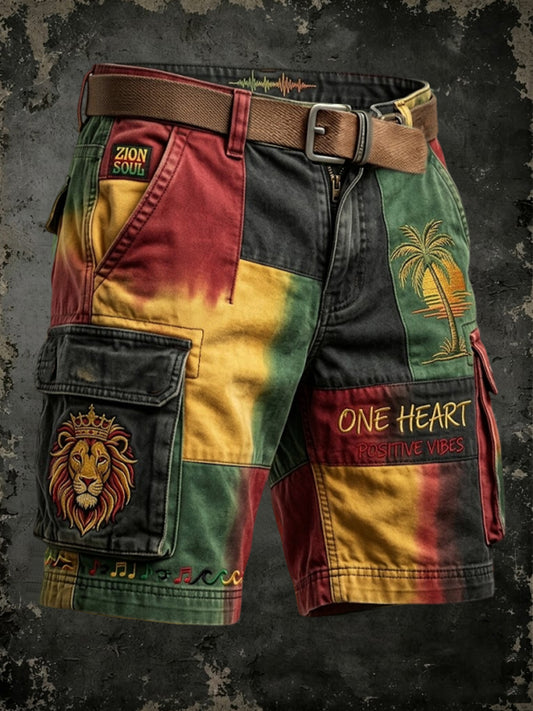 Short de travail décontracté rétro patchwork géométrique inspiré du reggae