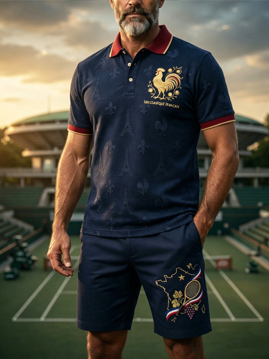Ensemble décontracté pour homme comprenant un polo et des bermudas, de style rétro français inspiré du tennis