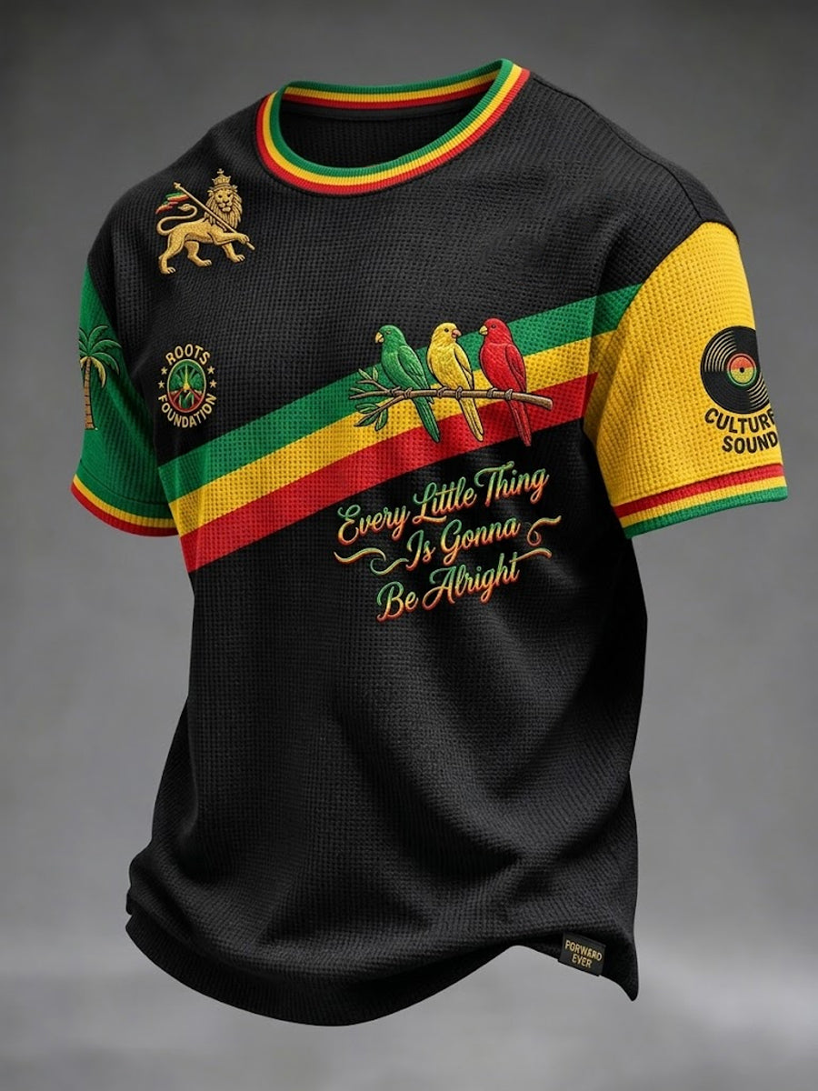 Rétro Reggae-inspiré rayé Patchwork Waffle-Weave T-Shirt