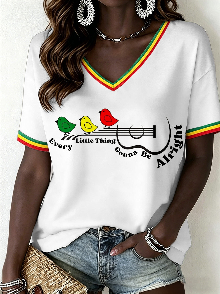 T-shirt à col en V pour femmes, musique reggae
